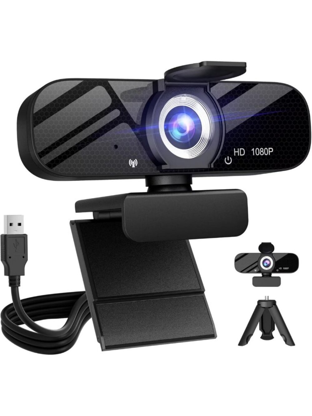 Full HD 1080P Webcam with Microphone, Rotatable Tripod & Privacy Cover for